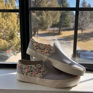 floral and striped slip on vans.